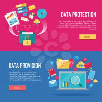 Data protection, provision web banners. Flat style. Folder secured by lock, laptop, phone, documents with indexes, binders, e-mail, letters, cloud, discs icons. For cloud services encryption app ad