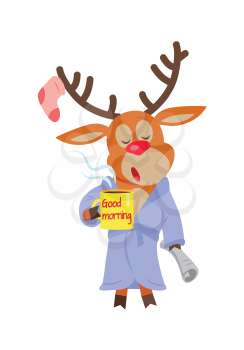 Deer in sleepwear isolated on white. Reindeer in the morning drink a cup of coffee. Deer with a cup with text good morning. Sleepy character with newspaper in flat style. Vector illustration