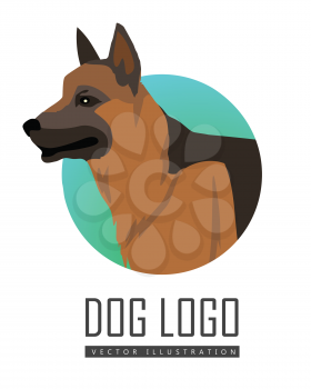 German shepherd dog, round logo on white background. Dog icon. Vector illustration in flat style. Brown shepherd design. Cartoon dog character, pet animal.