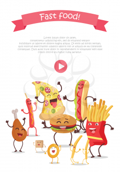 Funny food story conceptual banner web site design with play button. Sausage pizza donut bacon chicken hamburger fries sugar potatoes eggs. Happy meal for children. Childish menu poster. Vector