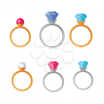Jewelry Set of rings with gems of different colors isolated on white. Best wedding and engagement rings editable for your design. Luxury diamond rings collection. Jewels concept. Vector illustration