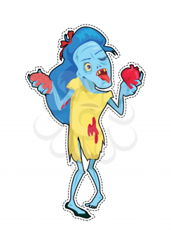 Scary zombie walking. Dead woman with blue hair, standing in pool of blood and holding human heart and brain in hands. Horror character for Halloween. Fashion patch in cartoon 80s-90s comic style