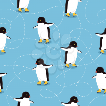 Penguins on ice-skates seamless pattern. Funny arctic birds sliding on ice flat vector illustration. Winter entertainments. For wrapping paper, greeting cards, invitations, printing materials design