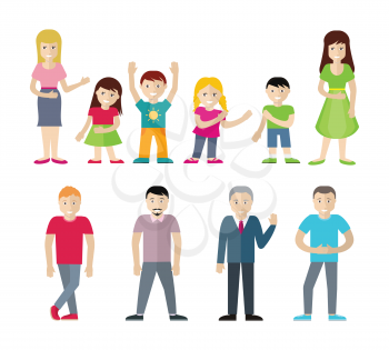 People cartoon characters set. Men, women and boys and girls in casual clothes standing in different poses flat vector illustration isolated on white background. For advertising, infographics, icons