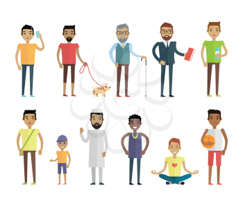 Big set of male characters vectors in flat style. Collection of variety skin colors, age, occupation, culture, social status men. For people concepts, infographics, web design. Isolated on white   