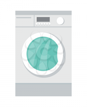 Washing machine in flat style isolated. Household appliances. Electronic device. Home appliances. Laundry, washing, washing machine. Electric clothes washer. Washer skid. Vector illustration