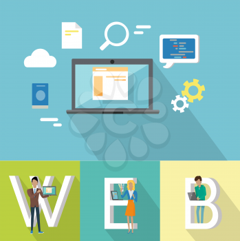 Web design banner. People with laptops standing near letters. Laptop on blue background with design pictograms. Website development project, mobile and desktop website design development process