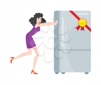 Woman buys refrigerator electronic device at big sale for discount price. Household appliances freezer. Fridge home appliances flat style. Icebox, magnet fridge door, sale fridge. Vector illustration