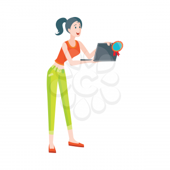 Woman buys notebook at discount price. Illustration in flat style design. Household appliances sale. Best price on laptops. PC with clamshell, alphanumeric keyboard and thin LCD or LED screen. Vector