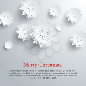 Merry Christmas Snowflakes background. New Year and Christmas concept. Winter Xmas theme. Realistic pattern with snowflakes, snow on a sheet of paper. 3D paper silver snowflakes shadow. Vector