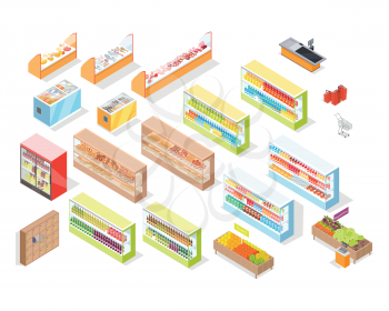 Supermarket departments interior set. Bakery, juices, alcohol, fruits, vegetables, milk, meat and fish, cheese. 3d isometric. Supermarket shelves Grocery store self-service shop icons Vector