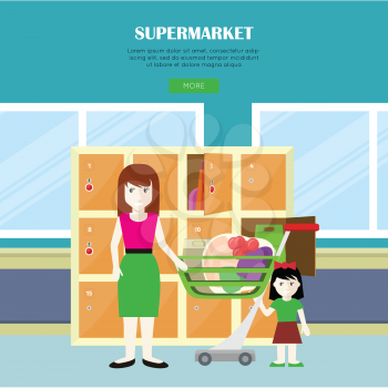 Supermarket vector web banner in flat style. Woman and child characters standing near lockers after shopping in grocery shop. Illustration for stores and retail companies web page design.    