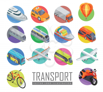 Transport vector logo illustration. Set of transport icons. Vector in isometric projection. Road, railway, flying, water, personal, public, commercial transport with caption. For ad design, app games