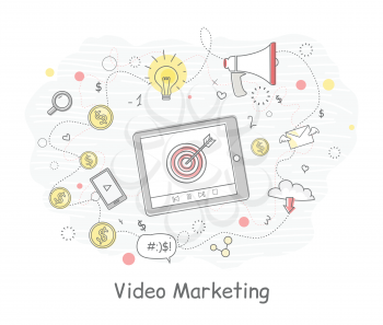 Video marketing banner in flat. Tablet computer with social media elements. Problem solving, strategy solution, analysis innovation, research, brainstorm, good solution, inspiration illustration.