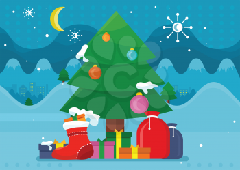 Winter holidays concept vector. Flat design. Christmas tree decorated colored toys and covered snow, gift boxes in the foreground. Christmas and New Year celebrating. For greeting cards design