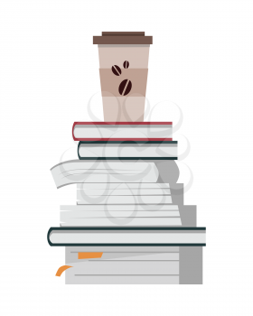 Stack of books with paper cup of coffee in flat. Book pile icon. Coffee hot drinking cup. Business education concept. Set of multicolored books. Isolated vector illustration on white background.