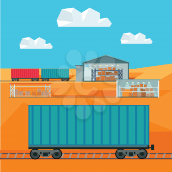 Train worldwide warehouse delivering. Logistics container shipping and distribution. Transportation to any part of the world. Railway delivering. Loading and unloading boxes. Vector illustration