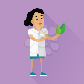 Scientist at work illustration. Vector in flat style design. Scientific icon. Smiling female character in white gown  with leafs in hand. Educational experiment. On violet background with shadow