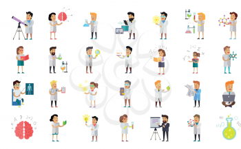 Scientist character collection. Scientists at work. Male and female scientists illustration. Chemistry, medicine, physics, biology infographic in flat style. Science and technology development
