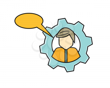 Young man private icon with dialog window. Young man in shirt and tie. Avatar in gear. Social networks business private users avatar pictogram. Round line icon. Isolated vector illustration