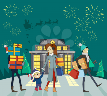 Buying presents with family in mall on Christmas eve. Flat design. Woman with gifts in hand walking with her son, two mans carry colored boxes and Christmas tree, fireworks and Santa on sleigh in sky