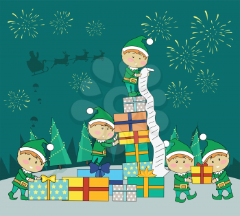 Christmas elves packing presents gift boxes according to wish list. Fireworks and santa with reindeers in sky on snowy background. Magic eve. New year and xmas concept. Cartoon flat style. Vector