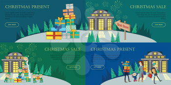 Christmas sale and christmas present web banners set. Xmas sale glowing shop. Elves and present boxes. Fireworks and santa with reindeers. Special winter holiday offer promotion. Vector