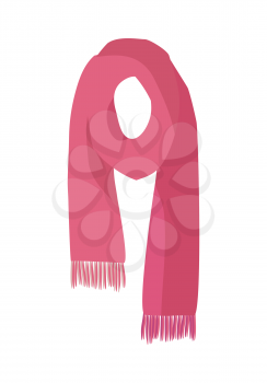 Knitted scarf isolated on white background. Unisex red warm woolen scarf with trim. Autumn and winter season accessory. Kremer, muffler or neck-wrap. Worn around neck for warmth and fashion. Vector
