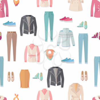 Clothing vector seamless pattern. Flat style illustration. Jacket, sweater, coat, shoes, sneakers, pants, scarf illustrations on white background. For goods wrapping paper, stores ad prints design