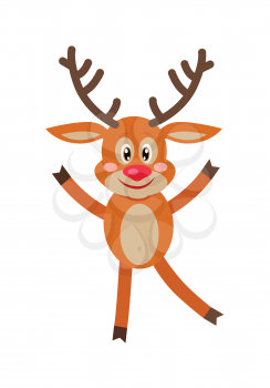 Deer dancing isolated on white. Reindeer greeting you. Smiling cartoon character in flat style design. Deer wishes Merry Christmas and happy new year. Cute deer posing. Vector illustration