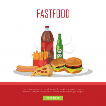 Fast food banner isolated on white background. Unhealthy food. Consumption of high-calorie nourishment junk food. Part of series of promotion healthy diet and good fit. Vector illustration