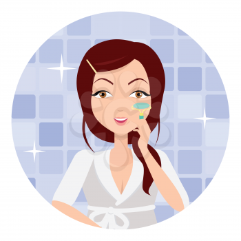 Girl making make up with eyelash curlers. Twist mascara. Professional favourite makeup tool that keeps lashes looking long and full. Part of series of ladies face care. Vector illustration