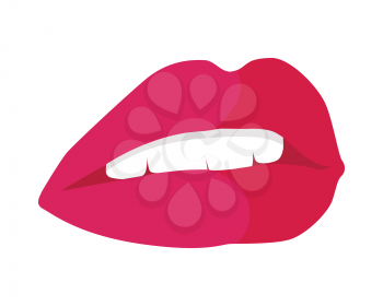 Parted lips painted with red lipstick and white teeth. Smile with white tooth design flat. Open mouth with red lips biting. Dental and smile, healthy teeth, beauty and care smile. Vector illustration