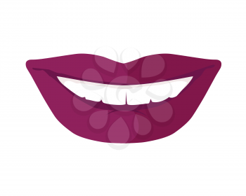 Women's smile with shining white teeth. Female lips colored with bright violet lipstick flat vector illustration isolated on white background. For dental, cosmetic, beauty, fashion concepts design  