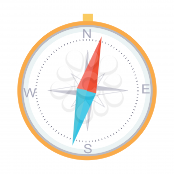 Compass instrument isolated. For navigation and orientation, shows direction relative to geographic points. Diagram compass rose north, south, east, and west on compass face as abbreviated initials