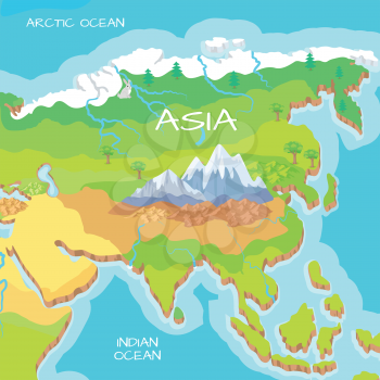Asia isometric map with natural attractions. Cartography nature concept. Geographical map with local relief. Asia largest, most populous continent, located in eastern and northern hemispheres. Vector