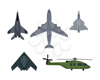 Military aircraft set. Fighter jet, bomber, interceptor, reconnaissance, spy helicopter vector illustrations set isolated on white background. Army flying machine. For military aviation concepts