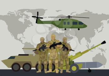Different types of armed forces. Soldiers in ammunition with guns, APC, cannon, rocket, helicopter flat vector illustrations world map on background. For warfare concepts, military service contract ad