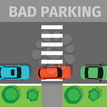 Bad parking. Car parked in inappropriate way on pedestrian crossing. Driver annoying everyone. Parking zone conceptual web banner. Rude disrespectful impolite driver in parking lot or car park. Vector