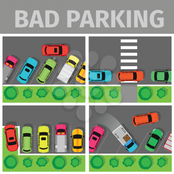Bad parking set. Car parked in inappropriate way on lawn pavement, sidewalk, Driver annoying everyone. Parking zone conceptual web banner. Rude disrespectful i driver in parking lot or car park. Vecto