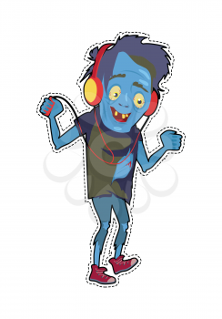 Scary zombie walking. Frightening dead man in headphones with blue skin, blood stain, bones, dressed in tatter dancing flat vector. Horror character for Halloween. Fashion patch in cartoon 80s-90s com
