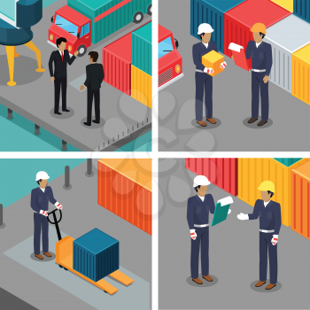 Set of dock workers at warehouse. Cargo worker and foreman. Supervisor check container data. Inspector control working process in seaport. Coworkers near cargo containers. Businessmen talking. Vector