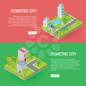 Isometric city buildingd vector web banners set. Modern architecture, skyscraper exterior, clean sustainable eco city. Home office buildings. Eco friendly environment. Residential estate cityscape.