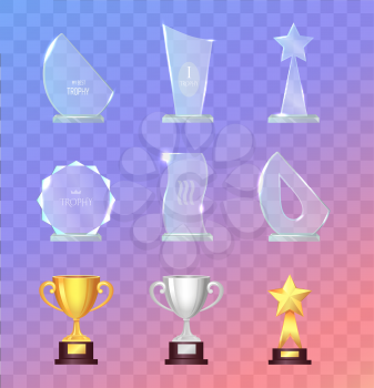 Glass and metal sports trophies and cups vector illustrations isolated  on transparent background set. Competition award. Prize for victory.    Symbol of leadership. For business, sport, concepts 