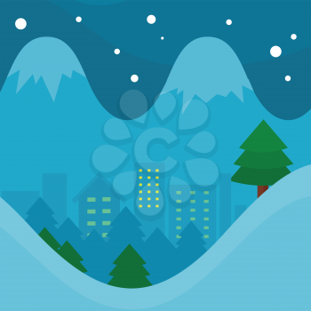 Winter season vector concept. Flat design. Night city surrounded spruce forest, snow-capped mountains. Ski resort. Christmas and New Year celebrating. For seasonal ad design, weather illustrating 