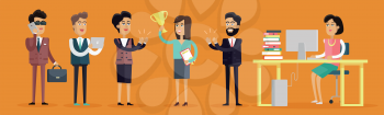 Set of business people characters in flat style design. Happy woman with winner cup. Business men and women in business suits congratulating winner. Variety human personages in workflow process.