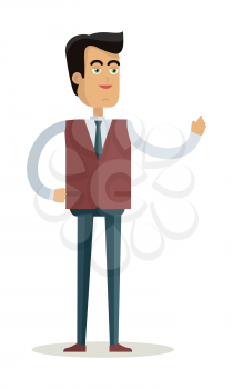 Teacher character vector. Cartoon in flat style design. Smiling man in business suite standing with raised hand. Illustration for study, business concepts, icons, infographics. Isolated on white.