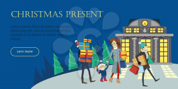 Christmas present conceptual web banner. Flat style vector. Family leave store with gift boxes in evening on Christmas Eve. Shopping on winter holidays. For supermarket, sales and discounts ad 