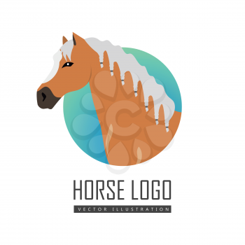Red horse logo with white white mane vector. Flat design. Domestic animal. Country inhabitants concept. For farming, animal husbandry, horse sport illustrating. Agricultural species. Isolated on white