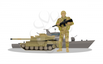 Different types of armed forces. Soldier in ammunition with machine gun, tank, and warship flat vector illustrations isolated on white background. For warfare concepts, military service contract ad